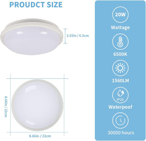 Ronde LED-plafondlamp, plafondlamp voor badkamer, IP54 waterdicht 6500K koel wit, moderne plafondlamp voor badkamer slaapkamer keuken woonkamer balkon 20W diameter 22cm