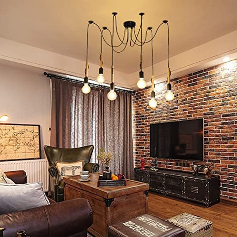 Industriële hanglamp lamp 6 koppen verstelbare houten kroonluchter vintage industriële plafondlamp E27 met 1,8 m draad voor eetkamer, woonkamer, bar, restaurant