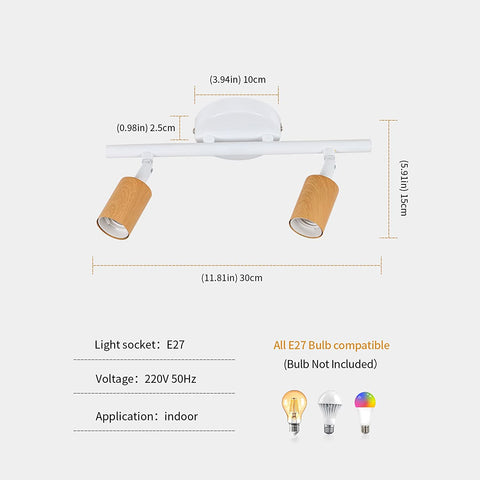LED-plafondlamp 2 verstelbare spots, houtwitte LED-plafondlamp, plafondverlichting voor binnen voor keuken, woonkamer, slaapkamer, gang, zonder lampen, max. 60W