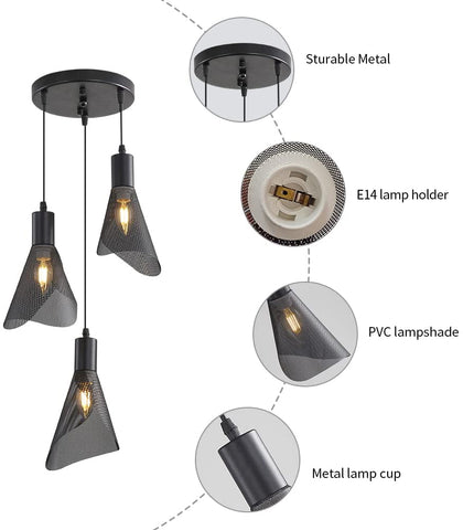 Industriële hanglamp, vintage zwarte plafondlamp, kroonluchter met PVC-lampenkap voor slaapkamer, woonkamer, restaurant, bar, 3 E14-lampen (geen lamp)