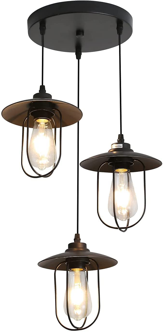 Industriële kroonluchter, vintage 3-vlammen hanglamp met industrieel design, retro hanglamp met 3 metalen kooien, kleur: zwart, fitting: E27, 3 lampen