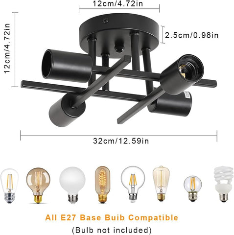 Vintage plafondlamp E27-basis 4-lamps plafondlamp voor woonkamer slaapkamer eetkamer kantoor zwart