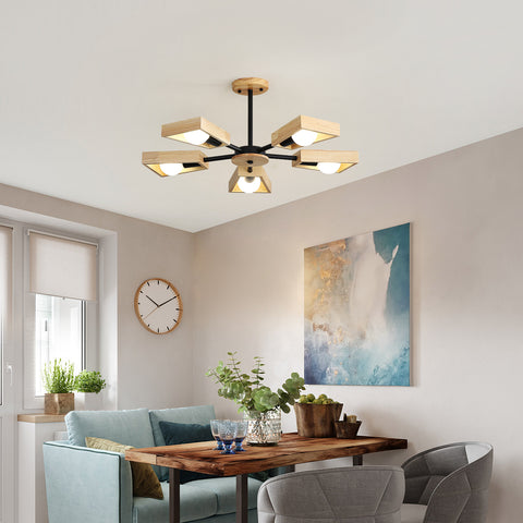 Houten hanglamp, woonkamer kroonluchterlamp lichtarmatuur voor binnenverlichting, hout vijf lampen geometrische hanglampen voor 5 E27-lampen (zonder lamp)