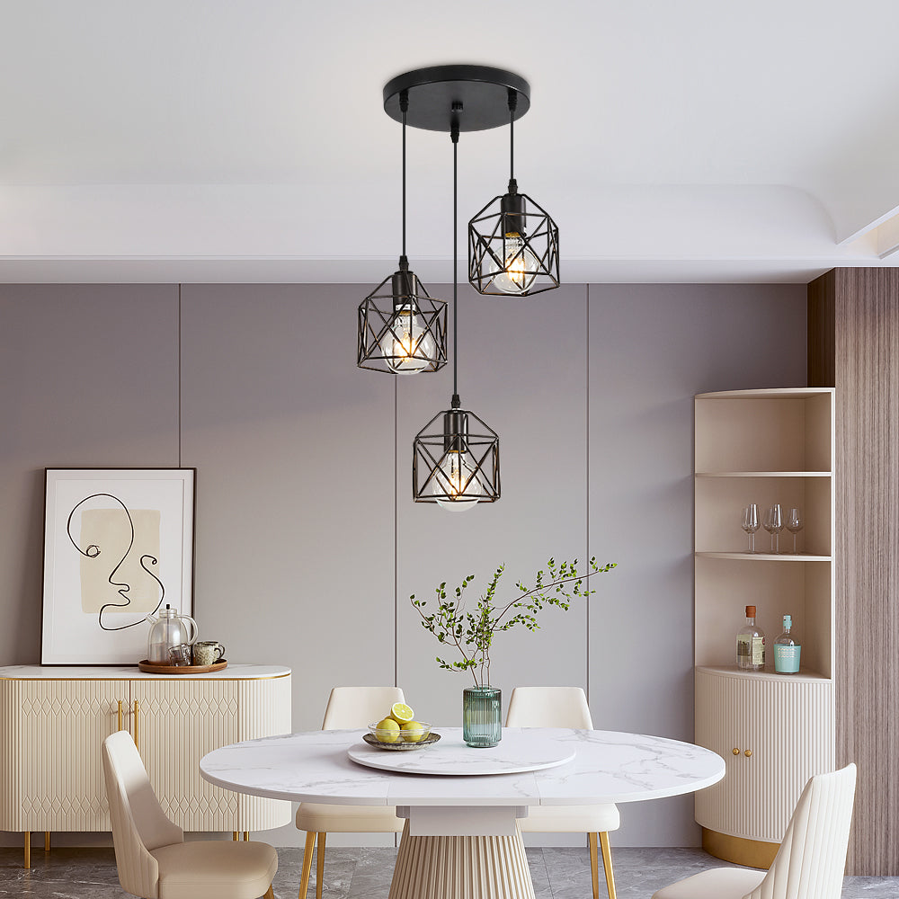 Vintage zwarte hanglamp, vintage zwart kooimetaal, industriële plafondlamp, 3 E26-lampen (lamp niet inbegrepen)