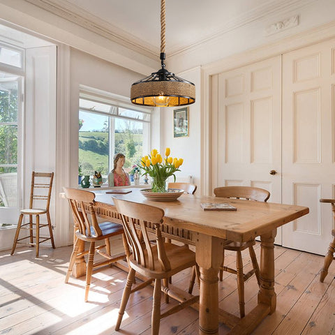GOECO Henneptouw Kroonluchter, Retro Zwart Metalen Hanglamp, Landelijke Hangende Kroonluchters, Hal Plafondlamp E27 Verlichtingsarmatuur voor Woonkamer Slaapkamer Versieren Huis 220V