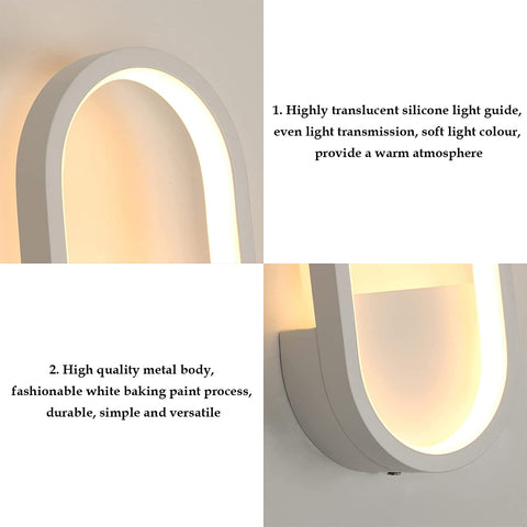 Moderne LED-wandlamp, 3000K, 4000K, 6000K 3 kleuren verstelbare wandlamp, 10W ovale binnenwandverlichting voor hal, slaapkamer, woonkamer (schakelbediening) Wit