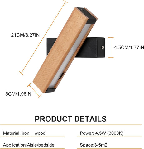 LED Houten Wandlamp Draaibaar Modern Rechthoekig Wandlamp Koel Wit 6000K 4,5W Voor Slaapkamer, Woonkamer, Hal, Entree