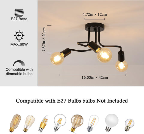 Industriële plafondlamp E27 voet 3-lamps plafondlamp voor woonkamer slaapkamer eetkamer kantoor zwart