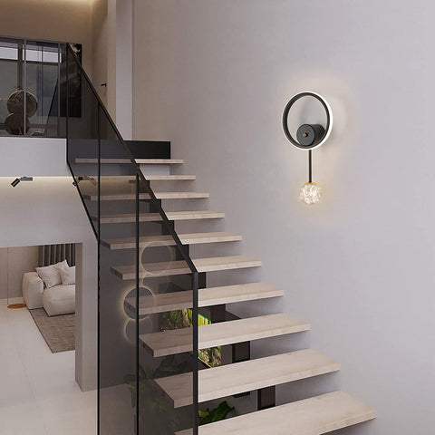Binnenwandlamp, LED-wandlamp modern 17W rond ontwerp, LED-wandlamp 3000K warm licht zwart voor slaapkamer, woonkamer, hal