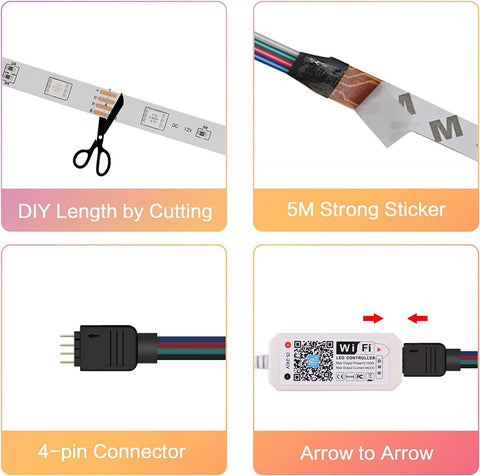 Smart WiFi LED-strip 5m 5050 RGB App-bediening, IP65 waterdichte veelkleurige flexibele lichtstrip met afstandsbediening voor thuis keuken televisie slaapkamer feest feestelijke decoratie