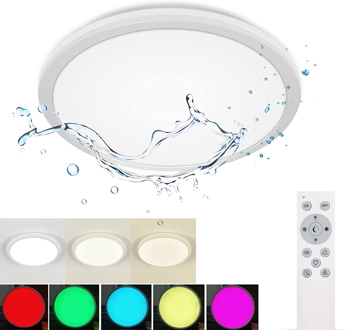 Dimbare LED-plafondlamp, badkamerplafondlamp IP54, 24W 3100LM, 2700-6500K RGB waterdichte moderne plafondlamp met afstandsbediening voor woonkamer, slaapkamer (Ø28cm)