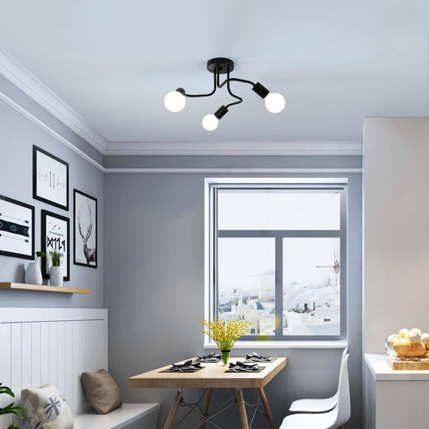 Industriële plafondlamp E27 voet 3-lamps plafondlamp voor woonkamer slaapkamer eetkamer kantoor zwart