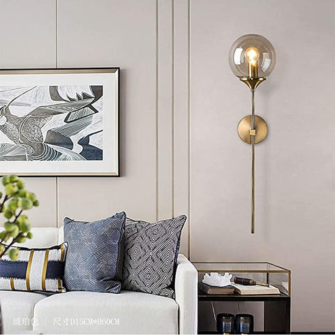 Vintage industriële wandlamp, amberkleurige glazen bol met lange arm gouden wandlamp, gouden wandlamp voor nachtkastje (amber) E14, (lamp niet inbegrepen)
