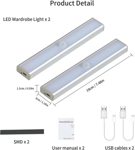 LED-kastlamp, 10 LED's, 6500K wit licht, bewegingssensor, oplaadbare kastlamp met zelfklevende magnetische strip, geschikt voor keuken, trap, hal (2 stuks)