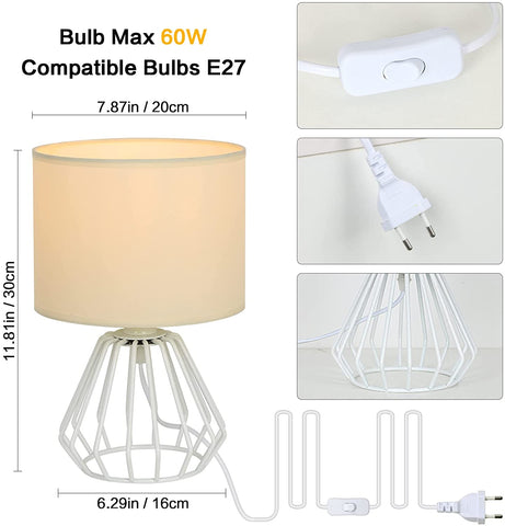 Nachtkastje, tafellamp met opengewerkte voet en witte stoffen kap, minimalistische bureaulamp voor slaapkamer, woonkamer, kantoor (E27-lamp niet inbegrepen)