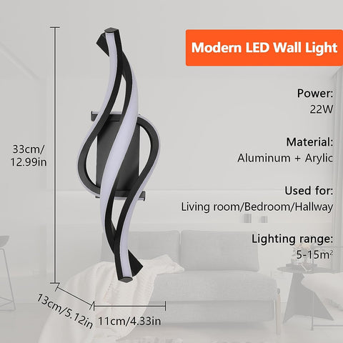 22W LED-wandlamp Moderne spiraalvormige wandlamp Neutraal wit 4000K Voor slaapkamer, woonkamer, hal, entree Zwart