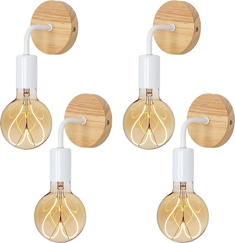 4 stuks binnenwandlamp vintage houten wandlamp E27 voet voor slaapkamer, woonkamer, hal, entree wit