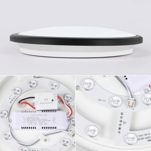 LED-plafondlamp, ronde 24W moderne plafondlamp, zwarte bewegingssensor plafondlamp, IP54 waterdicht, stofdicht, LED-binnenlamp voor badkamer, balkon, gang, entree, 6000K