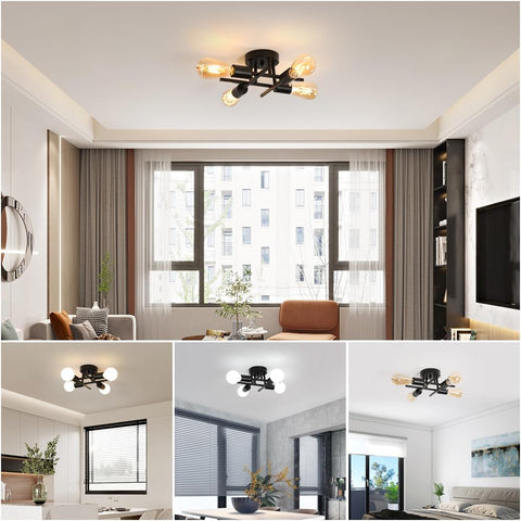 Vintage plafondlamp E27-basis 4-lamps plafondlamp voor woonkamer slaapkamer eetkamer kantoor zwart