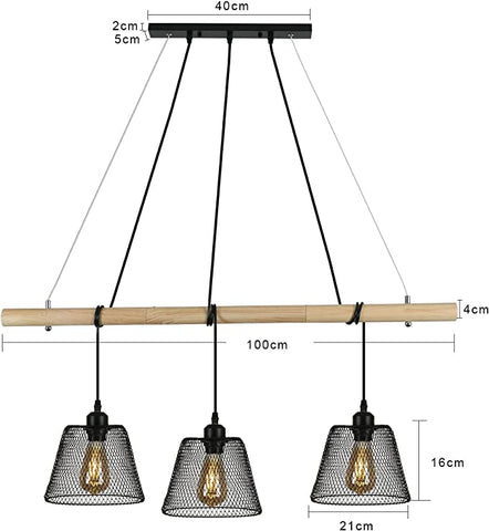 3 lampen vintage industriële hanglamp, gesplitste houten kroonluchter hangend met industrieel ontwerp, industriële woonkamerkroonluchter met E27-aansluiting, stalen hanglamp voor eetkamer