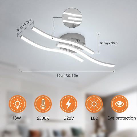 LED-plafondlamp, golfvormige hanglamp, geïntegreerde LED's 18W 1600 lumen, moderne kroonluchter voor woonkamer of keuken, 220V IP20 koud wit licht 6500K