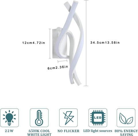 Moderne LED-wandlamp spiraalvormige wandlamp koel wit 6000K voor slaapkamer, woonkamer, hal, entree