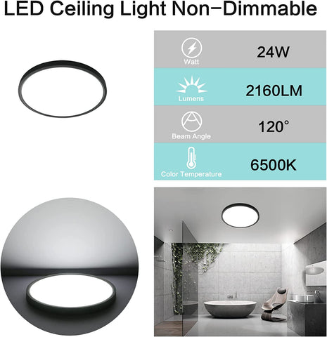 24W LED-plafondlamp, 2160LM IP50-plafondlamp, 6500K koelwit ultradunne plafondlamp, zwarte ronde plafondlamp voor slaapkamer woonkamer gang balkon badkamer kantoor, Ø30cm