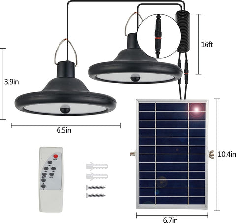 Solar Light Outdoor Indoor, dubbele kop zonne-hanglamp met bewegingssensor en afstandsbediening, IP65 waterdichte 5m kabel voor tuin, terras, balkon, garage, schuur
