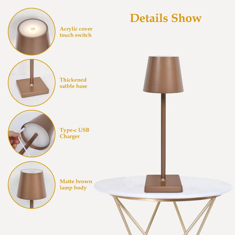Tafellamp Draagbaar USB Oplaadbaar Modern Bedlampje Dimbaar Aanraakhelderheidsregeling voor Eetkamer Slaapkamer Camping Balkon Buiten Bruin