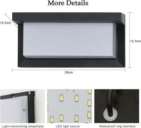16W buitenwandlamp, IP65 waterdichte LED-wandlamp, vierkante waterdichte buitenwandlampen voor balkon tuinterras, koud wit 6500K, zwart