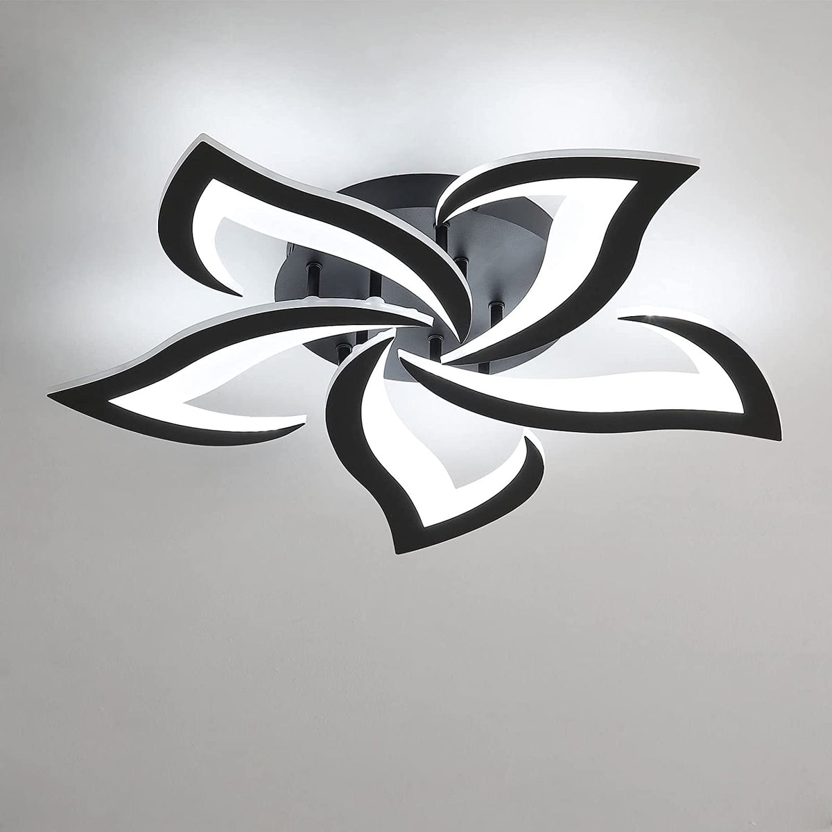 Moderne led-plafondlamp, 60W creatieve bloemblaadjes design plafondlamp, acryl plafondlamp, voor woonkamer slaapkamer studeerkamer diameter 60cm, zwart 6000K koel wit licht