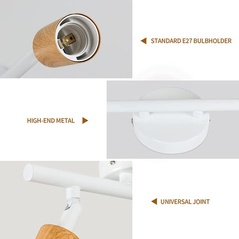 LED-plafondlamp 2 verstelbare spots, houtwitte LED-plafondlamp, plafondverlichting voor binnen voor keuken, woonkamer, slaapkamer, gang, zonder lampen, max. 60W