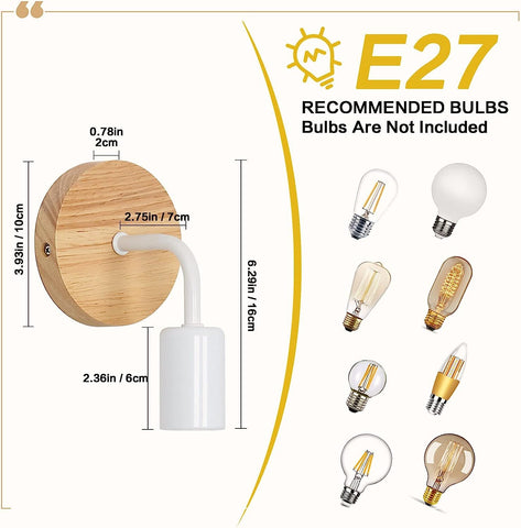 4 stuks binnenwandlamp vintage houten wandlamp E27 voet voor slaapkamer, woonkamer, hal, entree wit