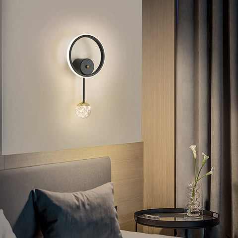 Binnenwandlamp, LED-wandlamp modern 17W rond ontwerp, LED-wandlamp 3000K warm licht zwart voor slaapkamer, woonkamer, hal