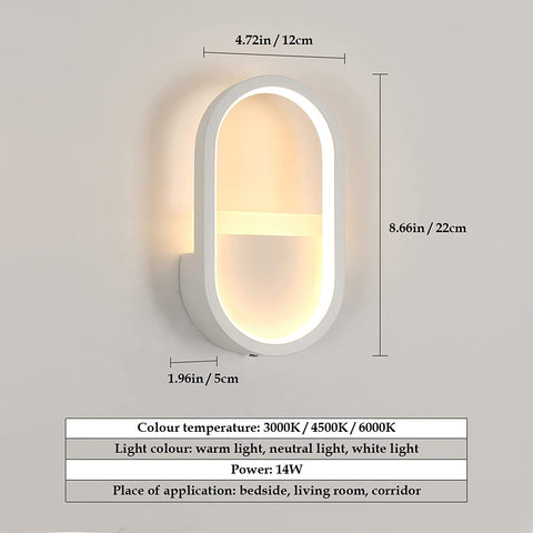 Moderne LED-wandlamp, 3000K, 4000K, 6000K 3 kleuren verstelbare wandlamp, 10W ovale binnenwandverlichting voor hal, slaapkamer, woonkamer (schakelbediening) Wit