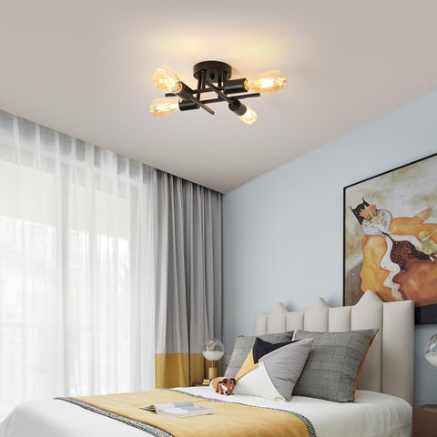 Vintage plafondlamp E27-basis 4-lamps plafondlamp voor woonkamer slaapkamer eetkamer kantoor zwart