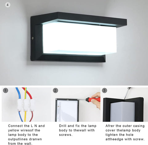 16W buitenwandlamp, IP65 waterdichte LED-wandlamp, vierkante waterdichte buitenwandlampen voor balkon tuinterras, koud wit 6500K, zwart