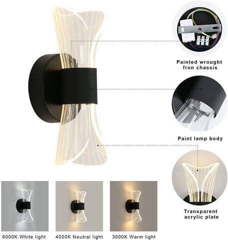 Dimbare LED-wandlamp voor binnen, 12W moderne LED-wandlamp creatief ontwerp, acrylverlichting wandlamp voor woonkamer hal slaapkamer trap, zwart