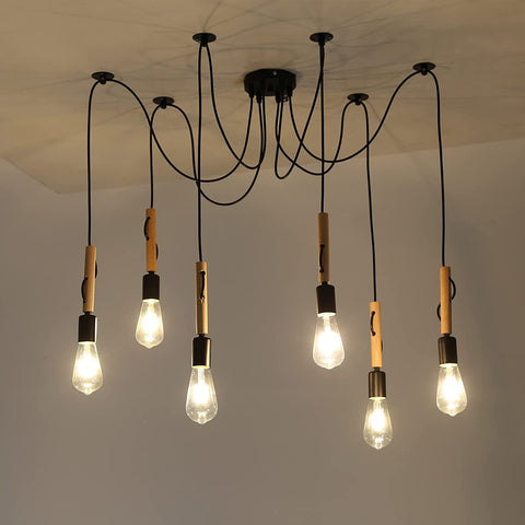 Industriële hanglamp lamp 6 koppen verstelbare houten kroonluchter vintage industriële plafondlamp E27 met 1,8 m draad voor eetkamer, woonkamer, bar, restaurant