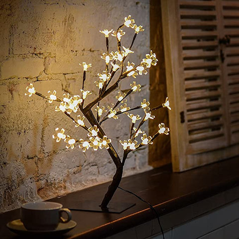 45 cm LED-verlichte boom met 48 kersenbloesems, LED-verlichting, voor Kerstmis, Binnen, Decoratie, Kantoor, Nachtkastje, Warm Wit