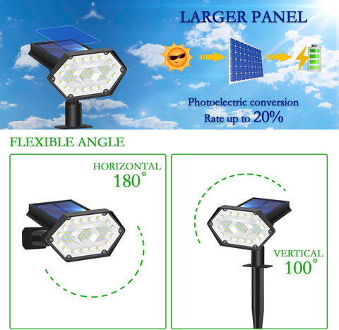 2 stuks buitenzonnespot, 35 LED buitenzonnelamp waterdicht IP65, verstelbaar met 4 verlichtingsmodi, 180 ° buitenzonneschijnwerper voor tuin, binnenplaats, pad, oprit, koel wit licht