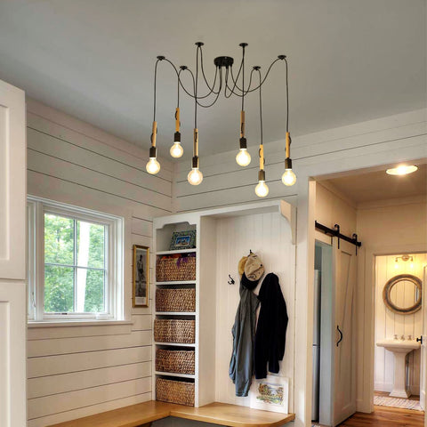 Industriële hanglamp lamp 6 koppen verstelbare houten kroonluchter vintage industriële plafondlamp E27 met 1,8 m draad voor eetkamer, woonkamer, bar, restaurant