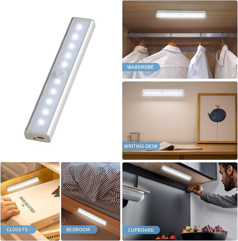LED-kastlamp, 10 LED's, 6500K wit licht, bewegingssensor, oplaadbare kastlamp met zelfklevende magnetische strip, geschikt voor keuken, trap, hal (2 stuks)