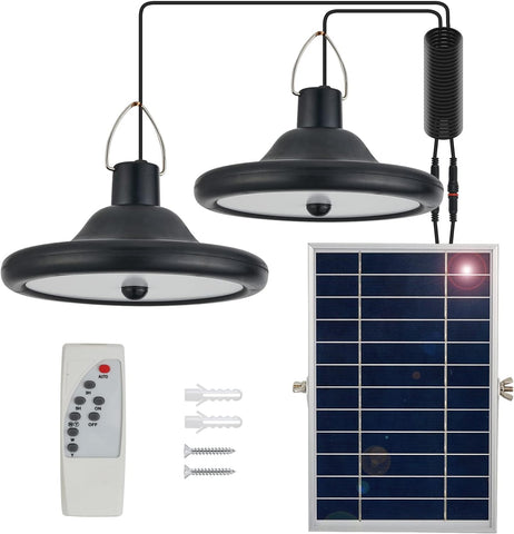 Solar Light Outdoor Indoor, dubbele kop zonne-hanglamp met bewegingssensor en afstandsbediening, IP65 waterdichte 5m kabel voor tuin, terras, balkon, garage, schuur