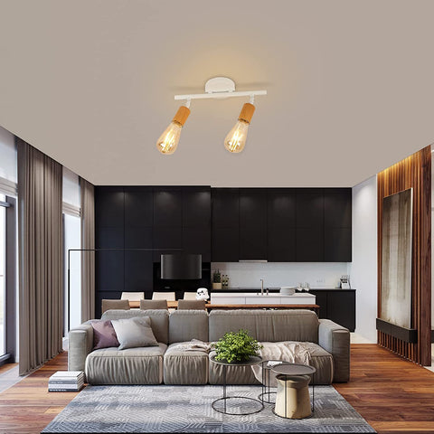 LED-plafondlamp 2 verstelbare spots, houtwitte LED-plafondlamp, plafondverlichting voor binnen voor keuken, woonkamer, slaapkamer, gang, zonder lampen, max. 60W