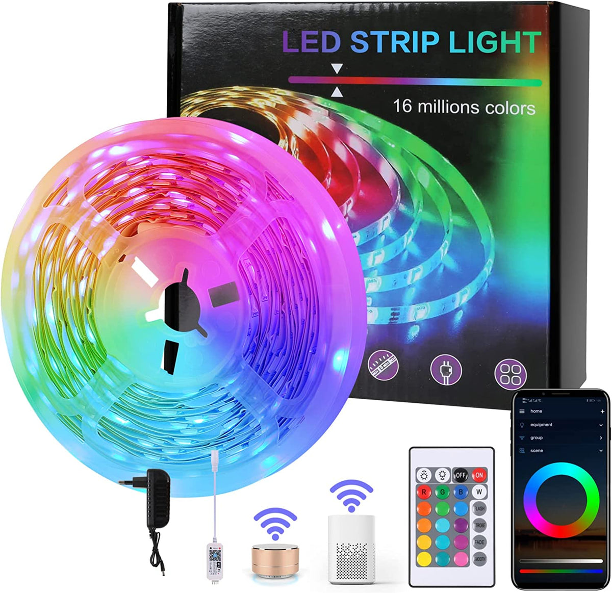 5M WiFi LED-strip, slimme RGB 5050 12V LED-lichtstrip compatibel met Alexa en Google Home, meerkleurige verlichting met app-bediening en muzieksynchronisatie-afstandsbediening, voor slaapkamerfeestbar