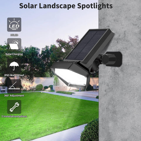 2 stuks buitenzonnespot, 35 LED buitenzonnelamp waterdicht IP65, verstelbaar met 4 verlichtingsmodi, 180 ° buitenzonneschijnwerper voor tuin, binnenplaats, pad, oprit, koel wit licht