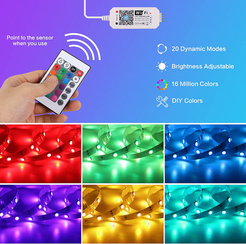 5M WiFi LED-strip, slimme RGB 5050 12V LED-lichtstrip compatibel met Alexa en Google Home, meerkleurige verlichting met app-bediening en muzieksynchronisatie-afstandsbediening, voor slaapkamerfeestbar