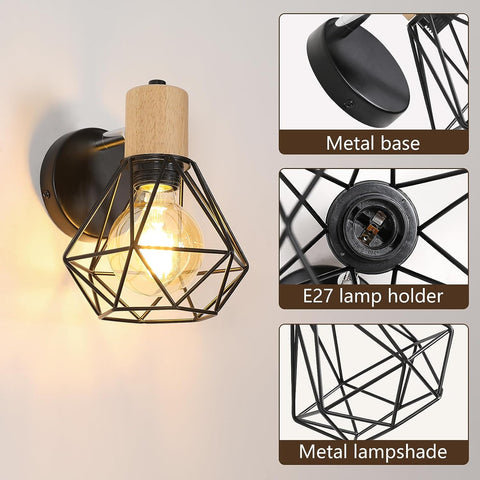 Binnenwandlamp Vintage houten wandlamp E27-basis voor slaapkamer, woonkamer, hal, entree (lamp niet inbegrepen)