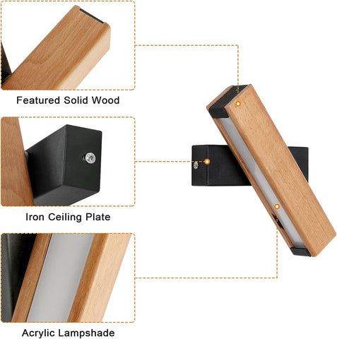 LED Houten Wandlamp Draaibaar Modern Rechthoekig Wandlamp Koel Wit 6000K 4,5W Voor Slaapkamer, Woonkamer, Hal, Entree